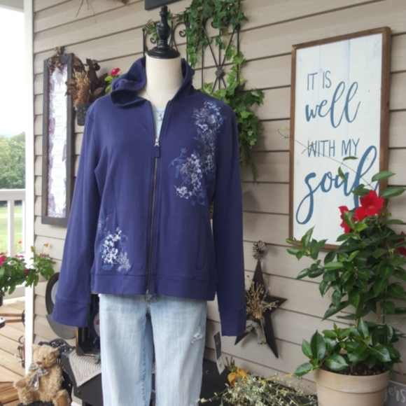 SONOMA ♡ Navy|White|Gray Embroidered | Embellished Floral L|S Hoodie Jacket PL - Picture 9 of 17